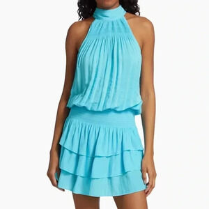 Ramy Brook Hudson Dress Size Small Tropical Blue Halter Tie Top Tiered Ruffle
